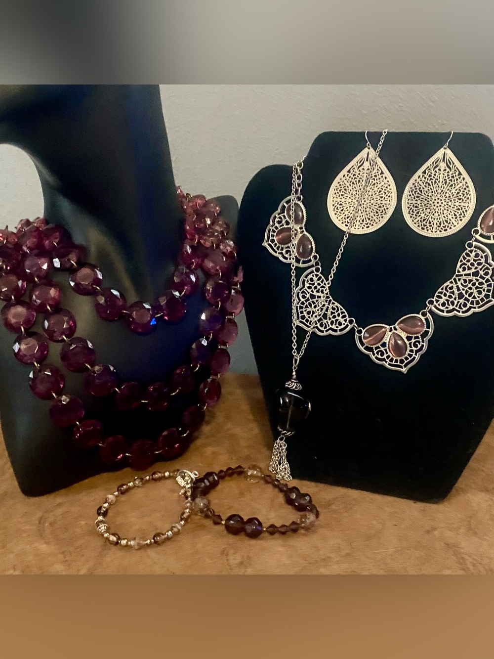 Burgundy Glass Bead Tassel, triple strand,  Silver Accent Necklaces, Bracelets